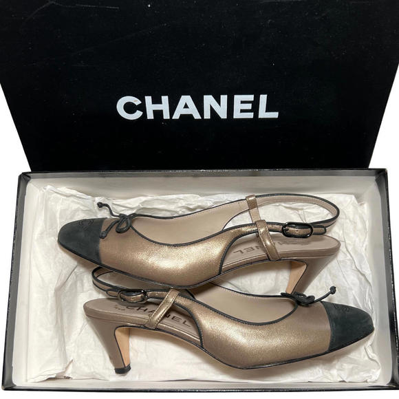 Authentic Chanel Champagne/CC Black Toe Tipped Bow Slingback Heels Size 36 - Picture 7 of 9